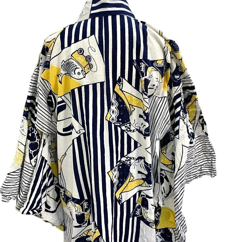 100% Linen Japanese Kimono Traditional Folk Unique Blue Yellow One Size